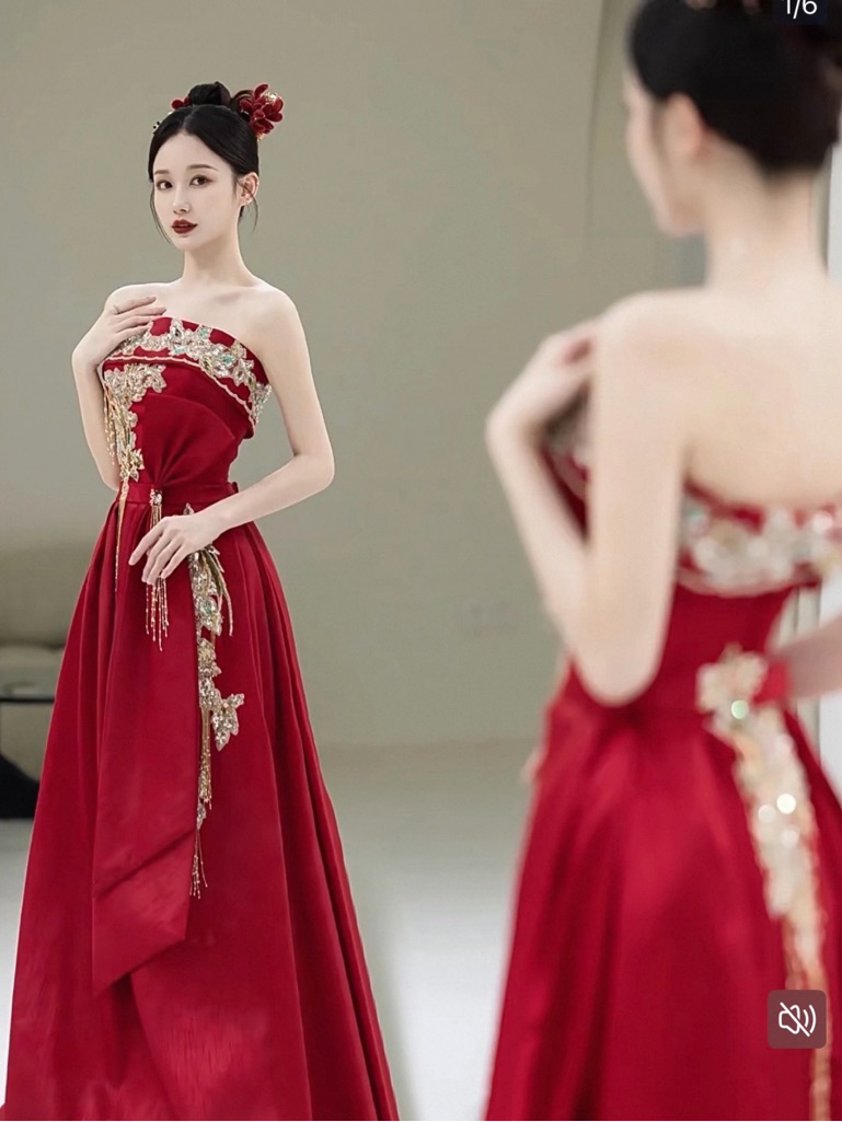 Strapless Red Evening Gown With Gold Embellishment